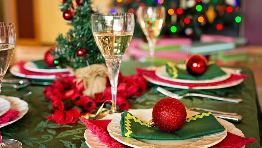 A table set for a christmas dinner 