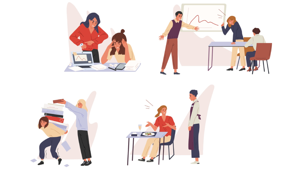 A collection of illustrations highlighting incidents of employee work stress