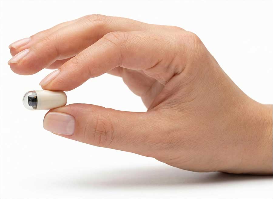 A capsule endoscopy pill held between two fingers, showing its actual size relative to a hand.