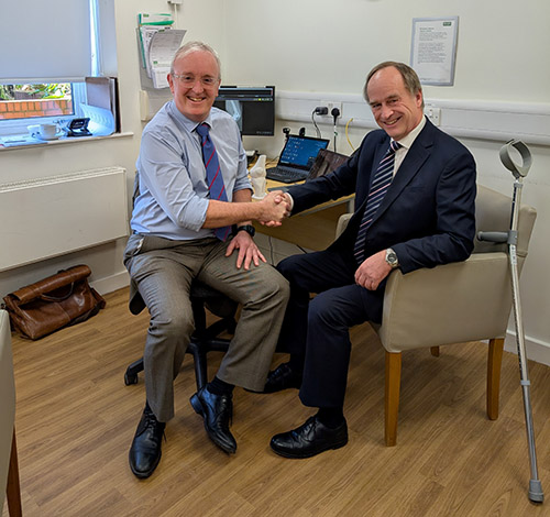 Mr Bernard with Mr Andrew Shepherd, Consultant Orthopaedic Surgeon at Nuffield Health Warwickshire Hospital