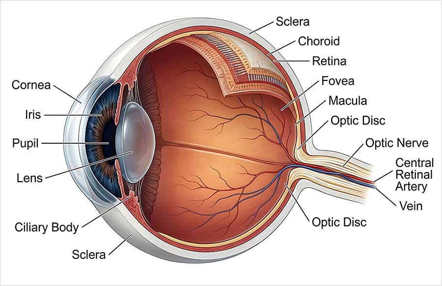 Cross-section diagram of the human eye with labelled parts. At the front are the cornea, iris, pupil, lens and ciliary body. Around the eyeball are the sclera, choroid and retina, with the macula and fovea at the back. The optic disc, optic nerve, central retinal artery and vein exit at the rear.