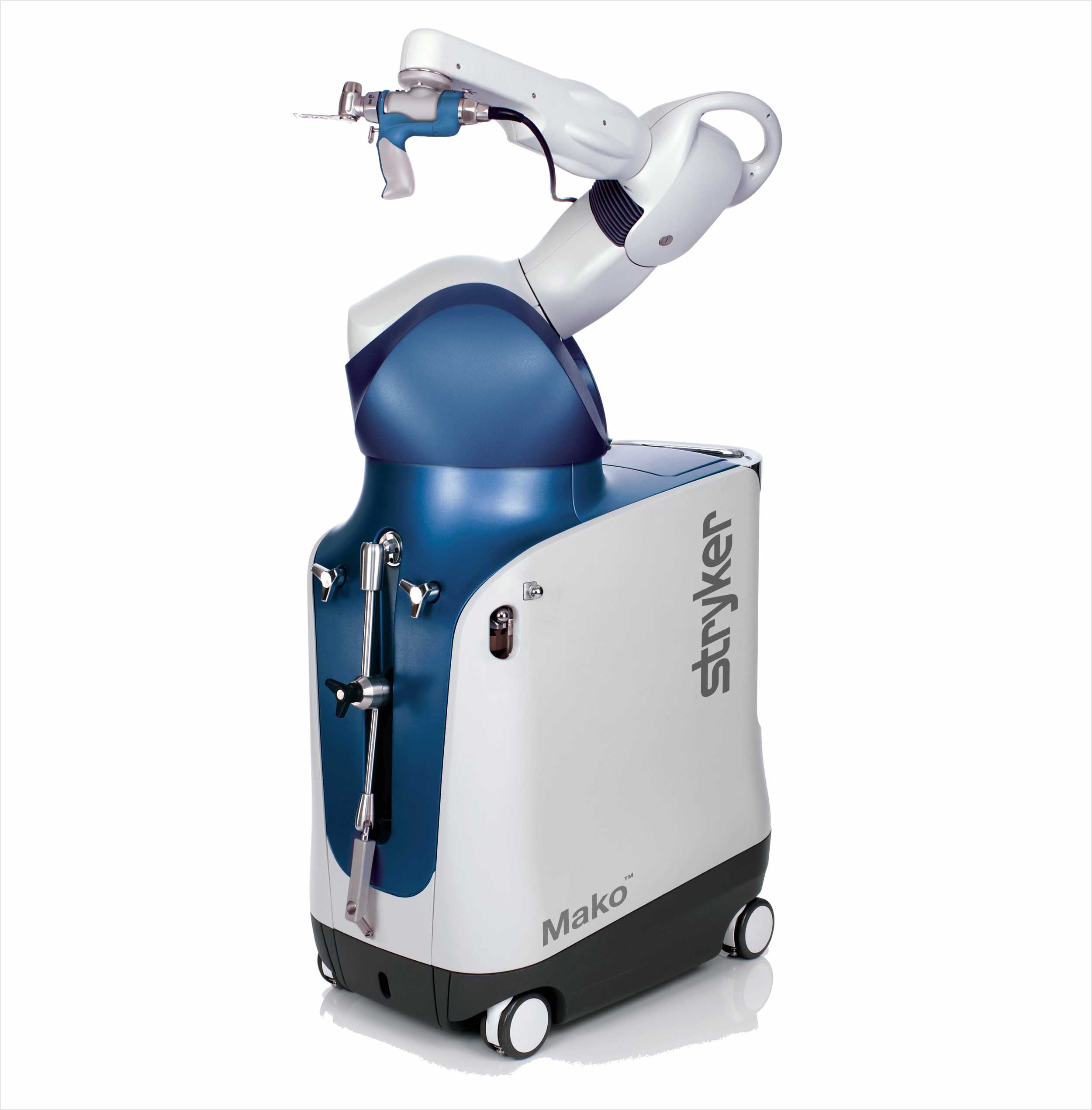 Mako® robotic-arm assisted surgical system with a white robotic arm holding a surgical tool, on a blue and white wheeled base.