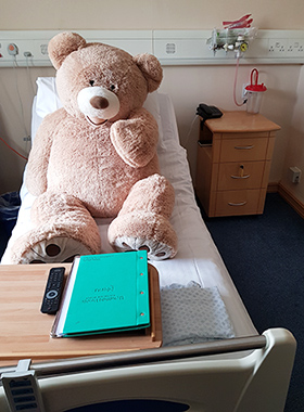 Nuffy Bear in hospital bed in Oxford