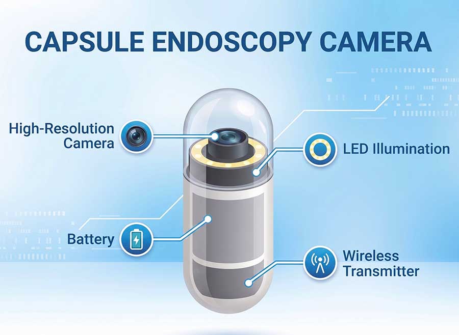 Diagram of a capsule endoscopy camera labelled with its main components: a high-resolution camera and LED illumination at the top, a battery in the middle, and a wireless transmitter near the base.