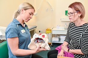 A patient and women's health senior physiotherapist in a pelvic health clinic consultation 